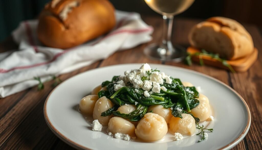 A beautifully crafted plate of creamy gnocchi topped with vibrant, sautéed spinach and crumbled feta cheese, elegantly presented on a rustic wooden table. In the foreground, the gnocchi glistens under soft, warm lighting, highlighting the creamy texture and fresh ingredients. Surrounding the dish are delicate garnishes of fresh herbs, adding pops of green against the pale colors of the pasta. In the background, an artisan bread loaf and a glass of crisp white wine are artfully placed, creating a cozy, inviting atmosphere. The scene is captured from a slight overhead angle with a shallow depth of field, enhancing the focus on the dish while softly blurring the background elements. The overall mood is warm and inviting, ideal for a comforting dining experience. A beautifully crafted plate of creamy gnocchi topped with vibrant, sautéed spinach and crumbled feta cheese, elegantly presented on a rustic wooden table. In the foreground, the gnocchi glistens under soft, warm lighting, highlighting the creamy texture and fresh ingredients. Surrounding the dish are delicate garnishes of fresh herbs, adding pops of green against the pale colors of the pasta. In the background, an artisan bread loaf and a glass of crisp white wine are artfully placed, creating a cozy, inviting atmosphere. The scene is captured from a slight overhead angle with a shallow depth of field, enhancing the focus on the dish while softly blurring the background elements. The overall mood is warm and inviting, ideal for a comforting dining experience.