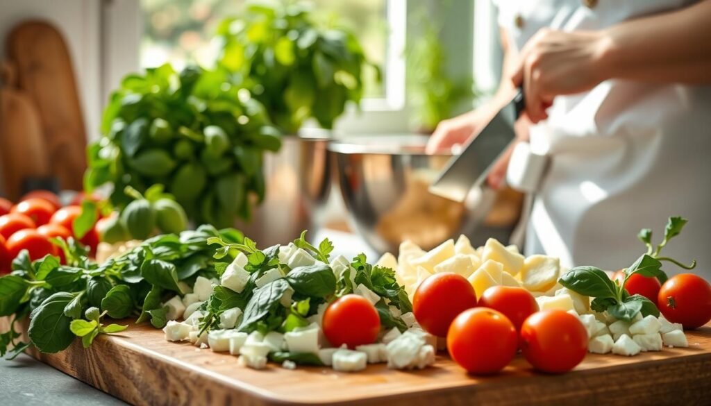 A bright, inviting kitchen scene showcasing the preparation of ingredients for cooking. In the foreground, a wooden cutting board is laden with freshly chopped spinach, diced feta cheese, and plump cherry tomatoes, glistening with moisture. A vibrant green basil plant sits beside the board. In the middle, a stainless steel mixing bowl holds the creamy gnocchi, ready to be enriched with the prepared ingredients. A professional chef in modest casual attire, focused and engaged, can be seen handling a knife, captured in a dynamic angle that emphasizes action and care. The background features soft, natural light streaming through a window, casting gentle shadows and creating a warm, homey atmosphere filled with the aroma of fresh herbs. A bright, inviting kitchen scene showcasing the preparation of ingredients for cooking. In the foreground, a wooden cutting board is laden with freshly chopped spinach, diced feta cheese, and plump cherry tomatoes, glistening with moisture. A vibrant green basil plant sits beside the board. In the middle, a stainless steel mixing bowl holds the creamy gnocchi, ready to be enriched with the prepared ingredients. A professional chef in modest casual attire, focused and engaged, can be seen handling a knife, captured in a dynamic angle that emphasizes action and care. The background features soft, natural light streaming through a window, casting gentle shadows and creating a warm, homey atmosphere filled with the aroma of fresh herbs.