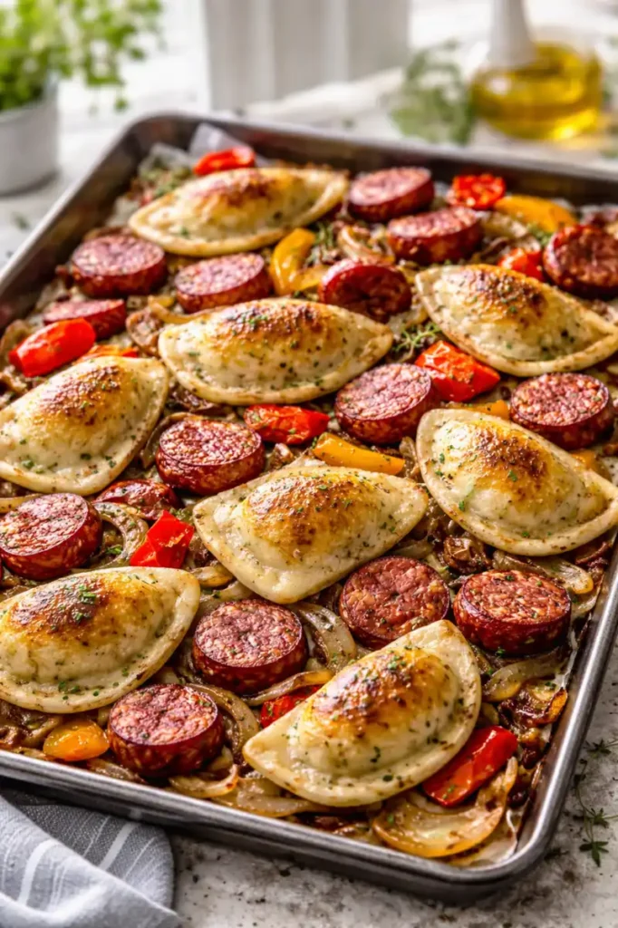 easy pierogi sausage and veggie sheet pan dinner with kielbasa and roasted peppers
